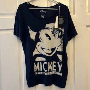 Disney x Chaser Women’s Short Sleeve T-Shirt, Size M. Navy, With Mickey Design.